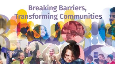 Various images of students in working environments and rounded graphics with words that say "Breaking Barriers, Transforming Communities"